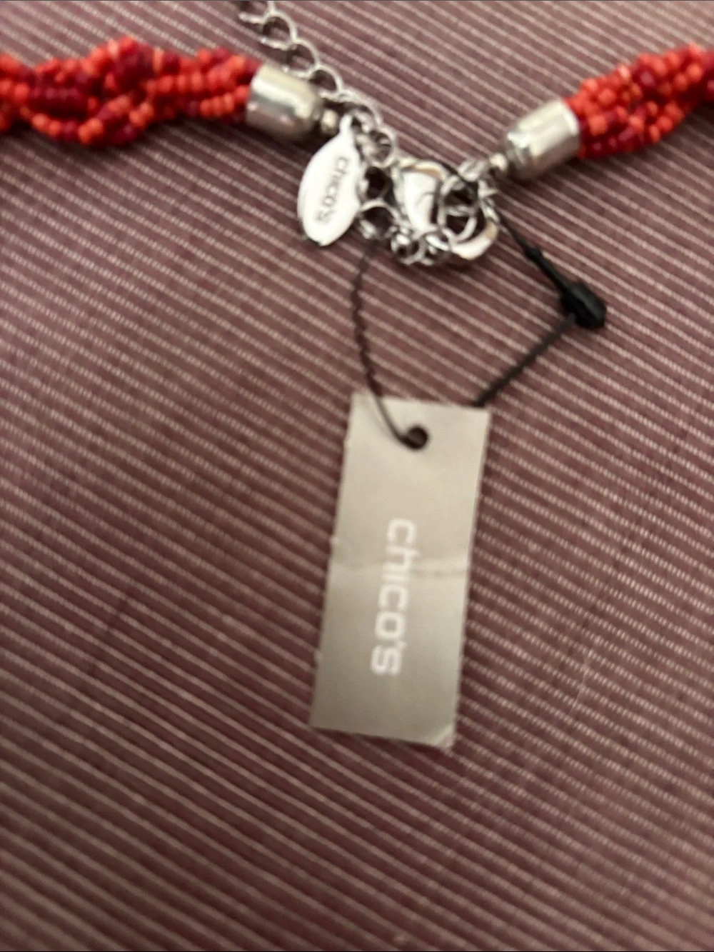 Chico's Red Beaded Malvina Knot Tassel Necklace